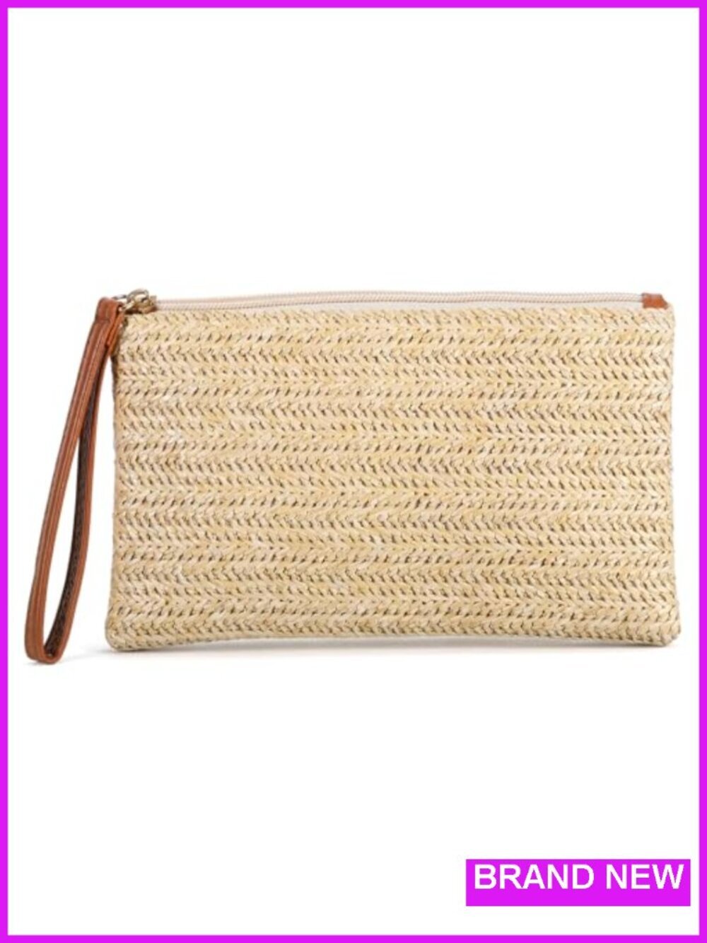 Handmade Woven Straw Clutch Purse with Zipper Wristlet for Summer Beach